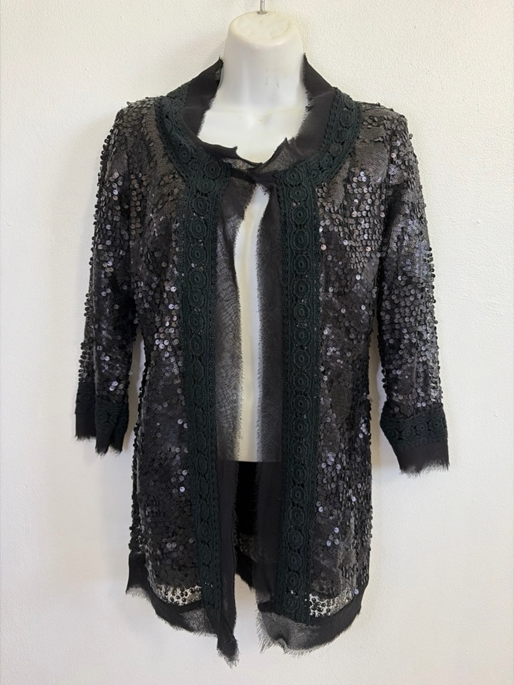 Miss Finch Black Sequin Lace Open Front Kimono Cardigan Topper Small